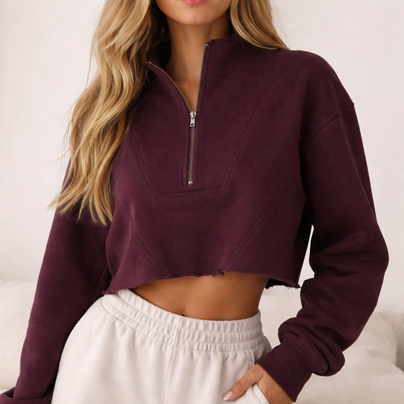 Joah Brown Half Zip Crop Burgundy Pullover Sweatshirt - Small/Medium